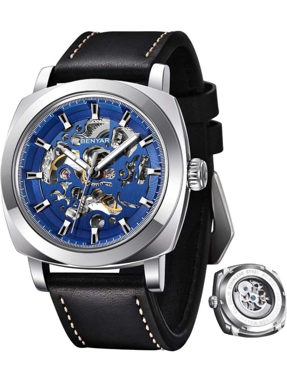Men's Silver Blue Leather Strap Skeleton Dial Mechanical Automatic Wrist Watch